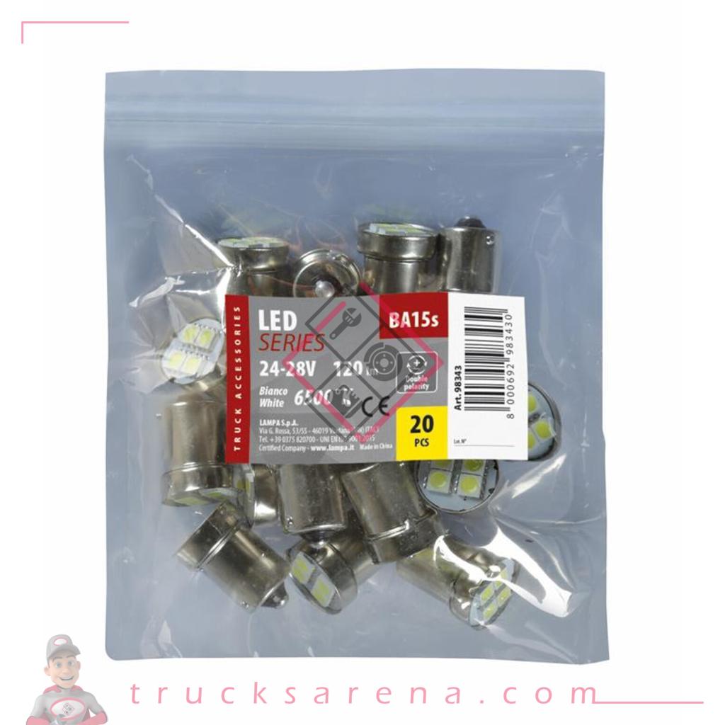 24/28V Hyper-Led 12 - 12 Smd x 1 chip - (R5W) - BA15s - 20 pcs  - Emballage - Blanc - Double polarité