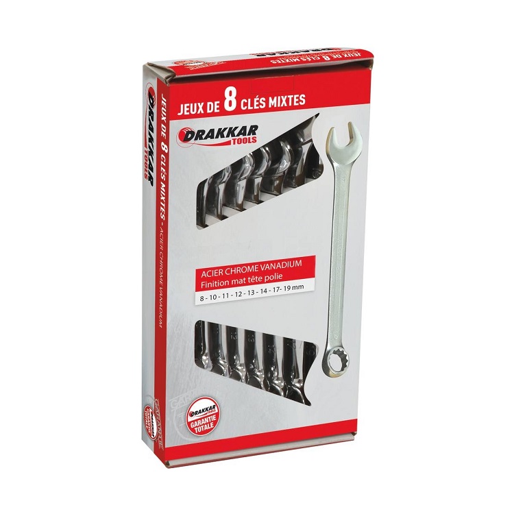 Combination wrenches with polished heads, 8 to 19 mm, set of 8 - SODISE
