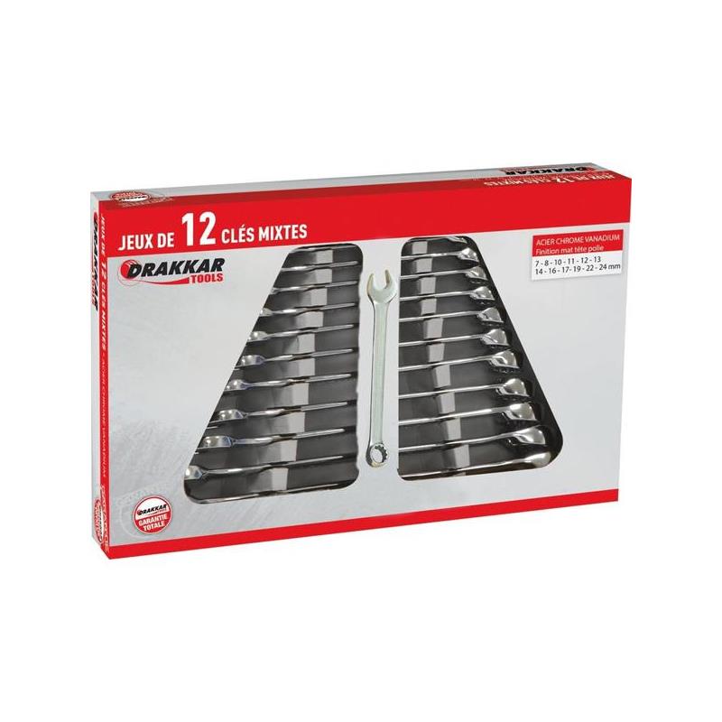 Set of 12 combination wrenches with polished heads, 7 to 24 mm - SODISE